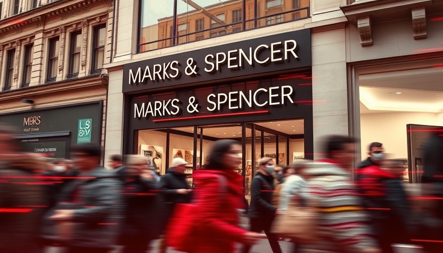Dynamic blurred Marks & Spencer storefront with red cyber overlay illustrating UK retail cybersecurity.