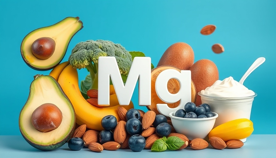 Assortment of magnesium-rich foods with Mg symbol, vibrant display.