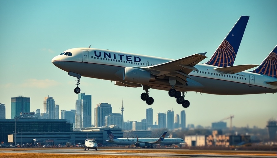 United Airlines plane at Newark Airport with city skyline.