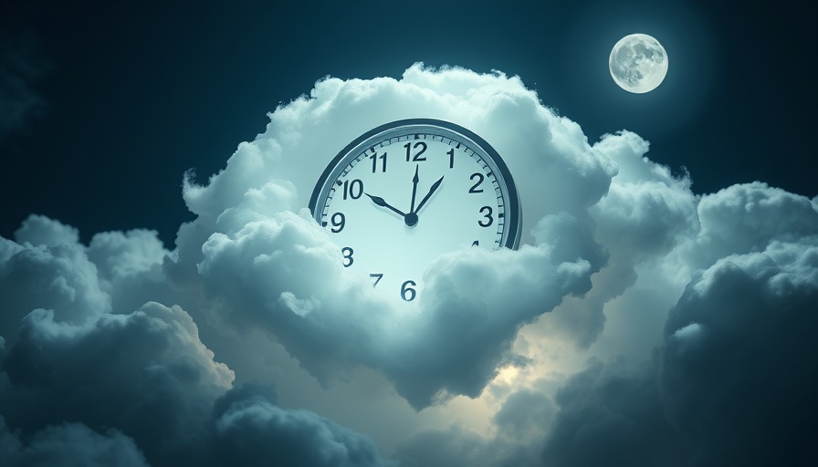Surreal clock in clouds representing stress and sleep.