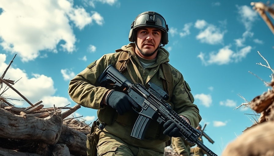 Russia's Motorcycle Assaults - Soldier in trench with rifle under blue sky.