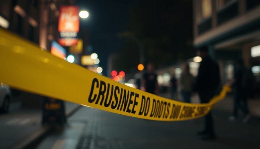 Crime scene tape with blurred figures in urban night setting.