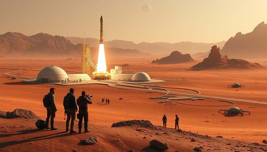 Futuristic Mars colony with rocket launch and domes.