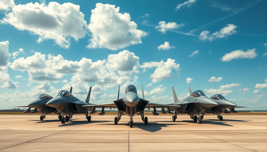 China fighter jets parked on airbase with blue sky and clouds.