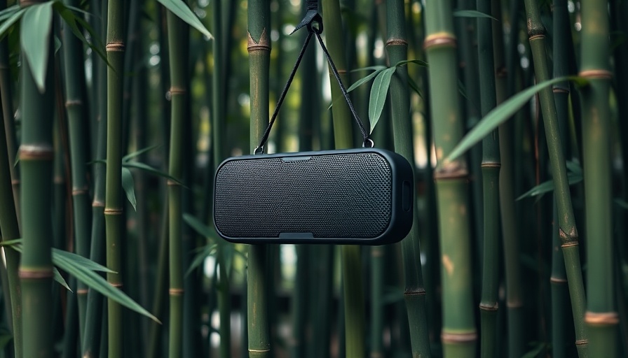 Sustainable Bluetooth speaker hanging in bamboo.