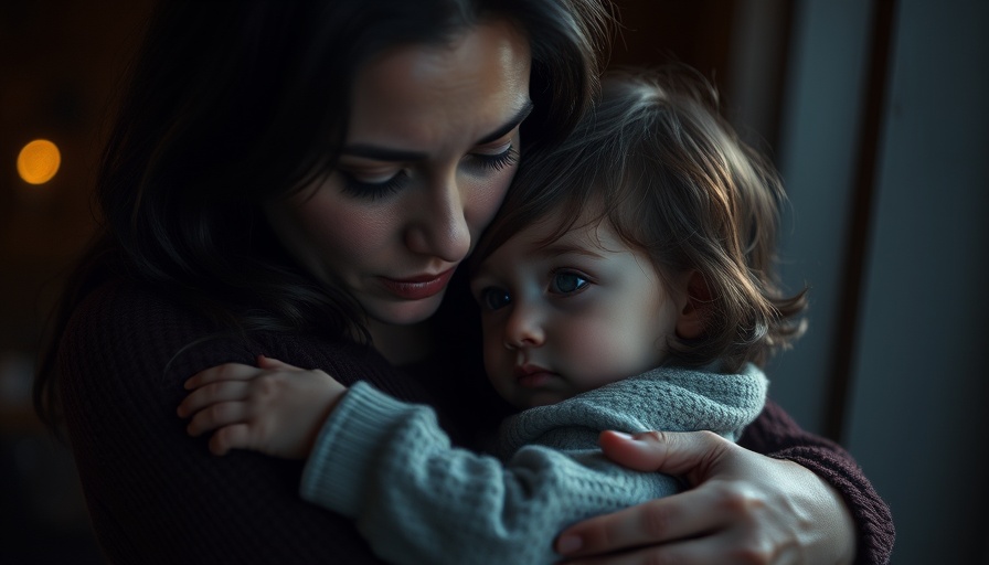 Tender mother embracing child, symbolizing care in dark.