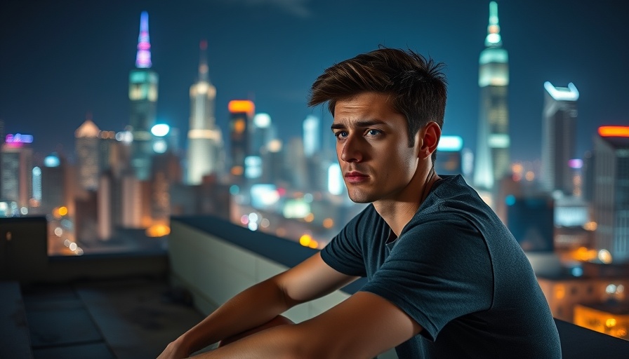 Tired young man on rooftop at night with city lights background.