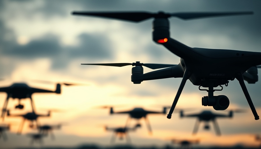 Silhouetted drones in overcast sky, Ukrainian drone warfare.