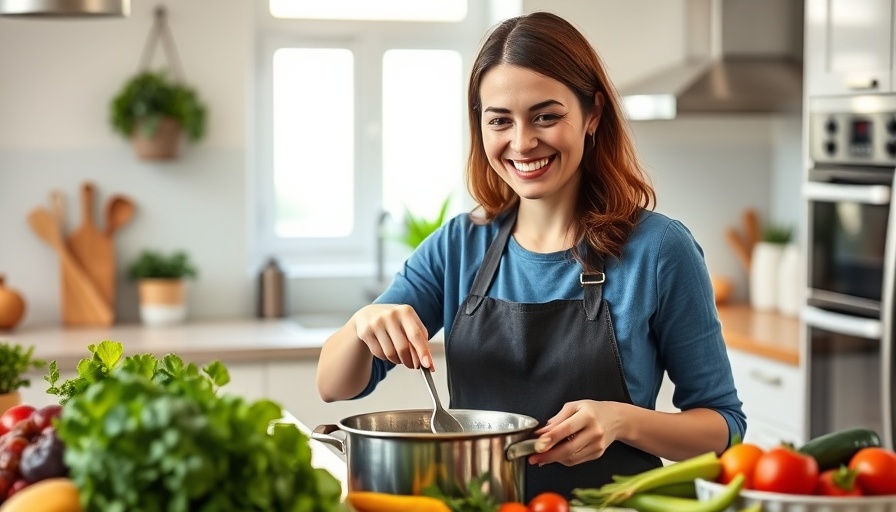 Cheerful woman cooking healthy Mother's Day recipes in bright kitchen.