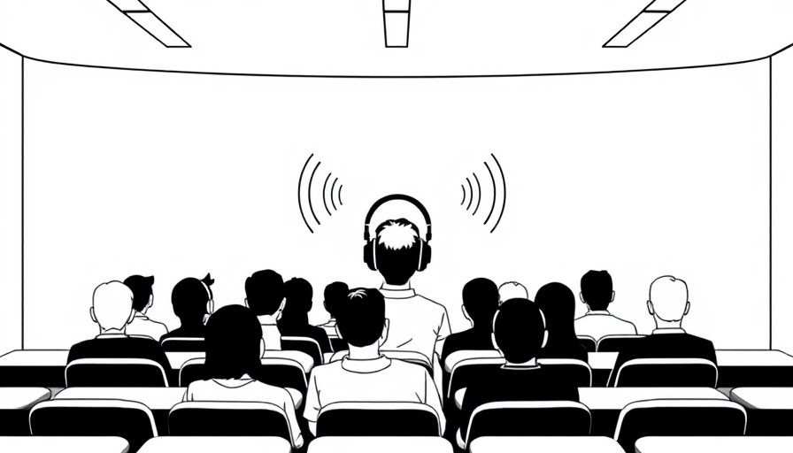 Illustration of AI-powered headphones in a lecture hall for group translation.