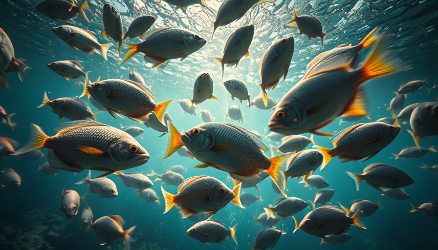 Surreal underwater scene with fish swimming dynamically in vibrant colors.