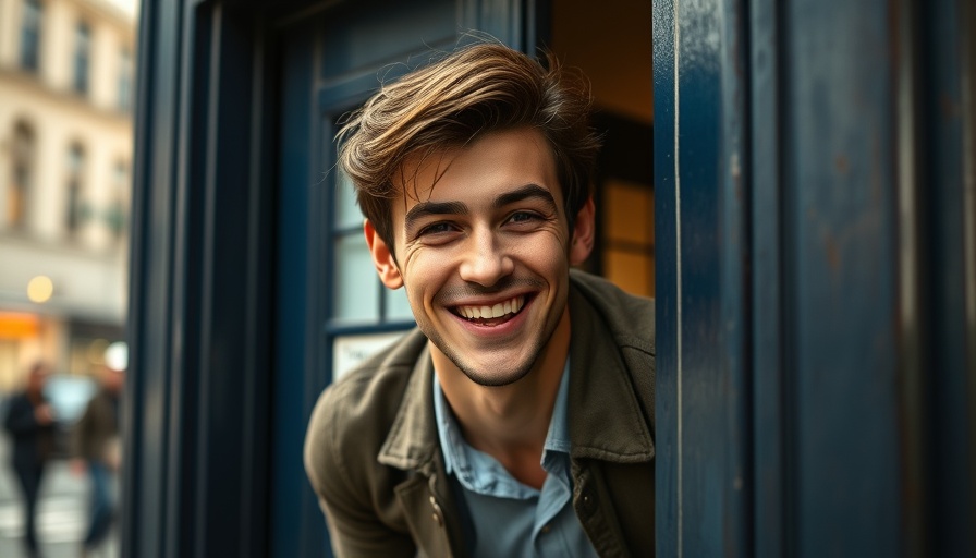 Doctor Who Fugitive Doctor joyfully emerging from TARDIS.