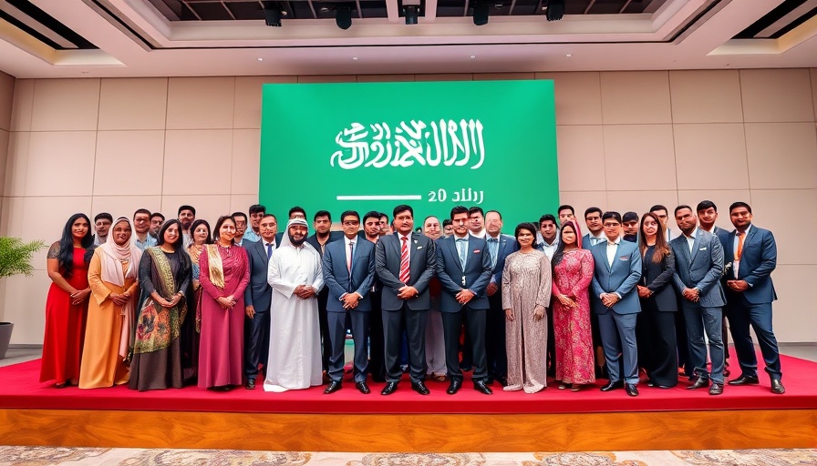 Event in Saudi Arabia with diverse group and national flag in background.