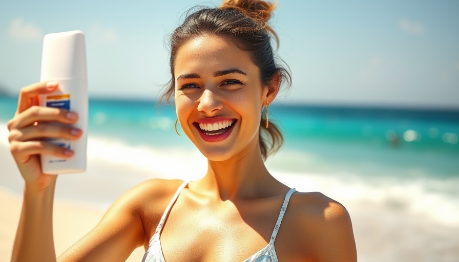 Woman applying high-performance SPF 70 sunscreen at the beach.