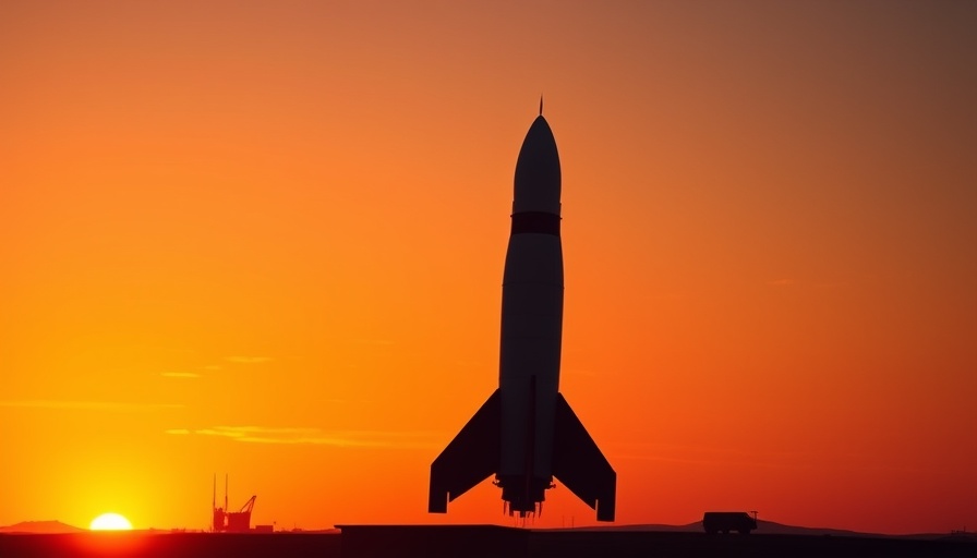 Silhouette of rocket awaiting launch at sunrise with warm colors.