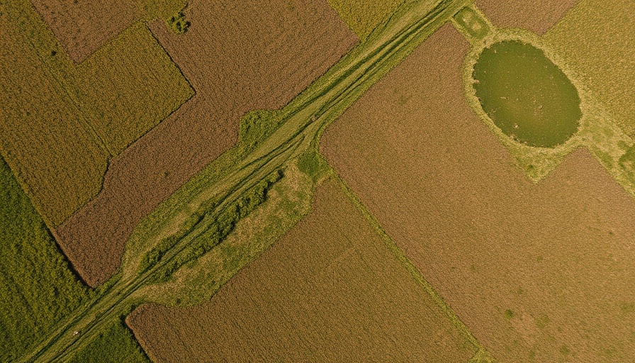 Abstract aerial view with green and brown textures resembling fields.