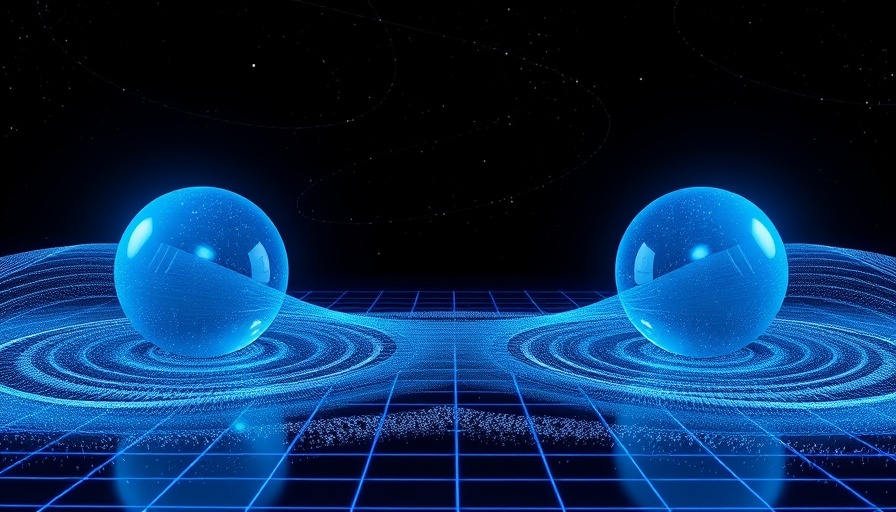 Abstract illustration of gravitational waves with luminous spheres.