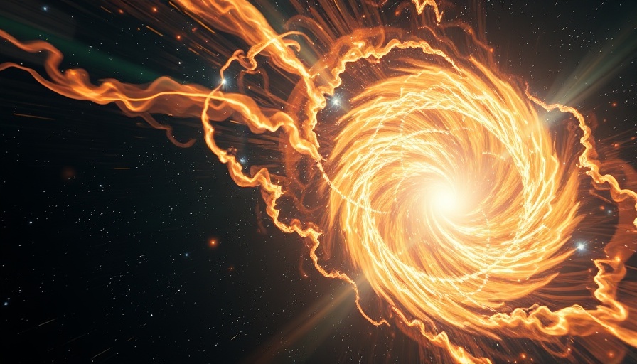 Cosmic energy swirl with annihilation photons in deep space scene.
