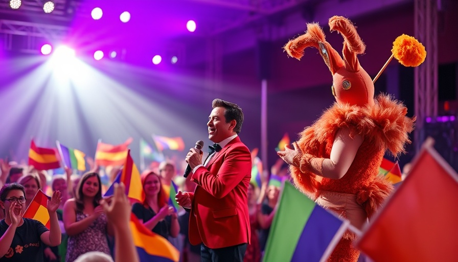 Vibrant stage with host and performer, colorful flags waving.