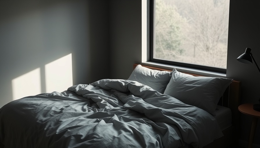 Soft gray bedding near a large window, emphasizing sleep apnea and climate change.