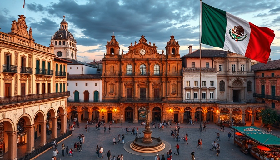Historic square with Mexican flag and colonial architecture.