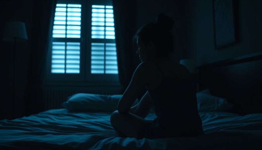 Silhouette of woman with insomnia sitting on bed, moody lighting.