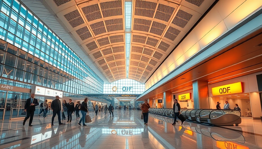 Inside a modern Qatar airport terminal highlighting Qatar Airways retail revenue, featuring travelers and escalators.