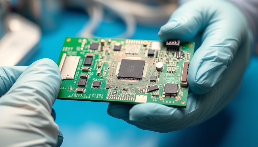 Detailed green circuit board held by gloved hands, showcasing a decentralized AI chip.