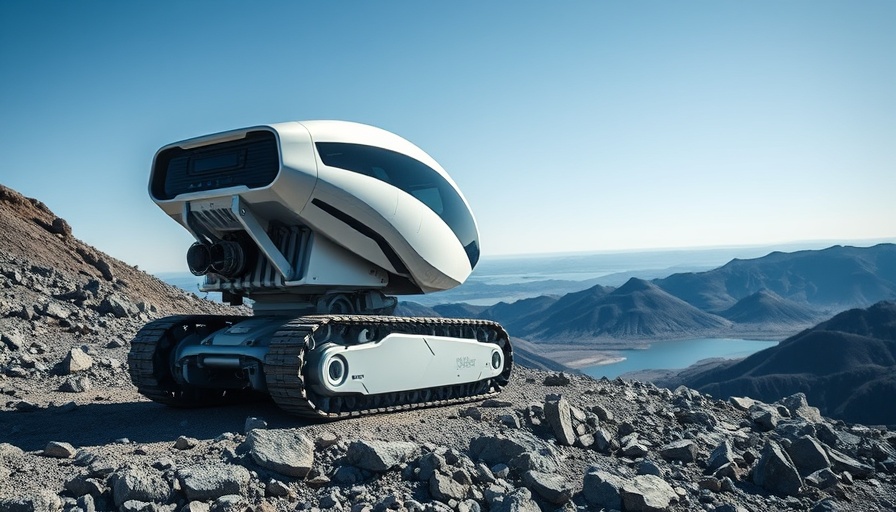 Futuristic moon mining machine on rocky terrain under clear sky