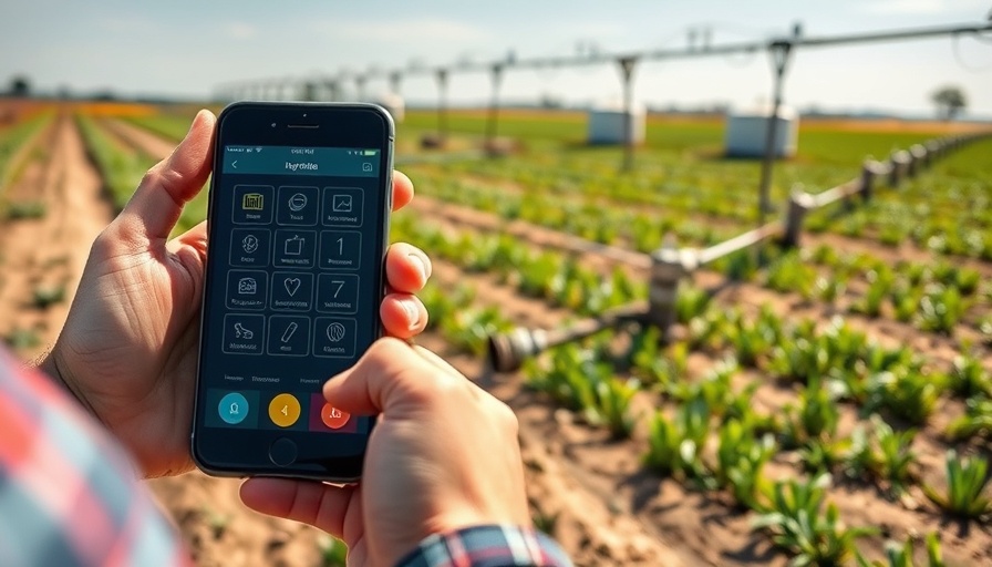 Smartphone controlling automated irrigation systems on a farm.