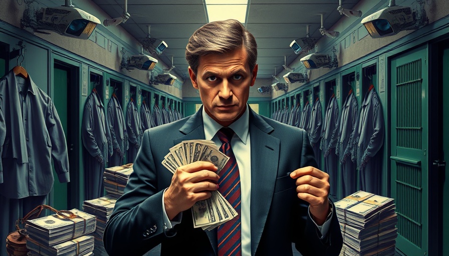 Illustration depicting white-collar crime with businessman and prison elements.