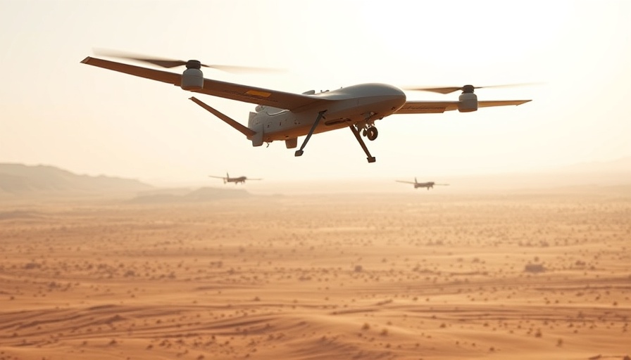 American autonomous attack drone flying over desert landscape.