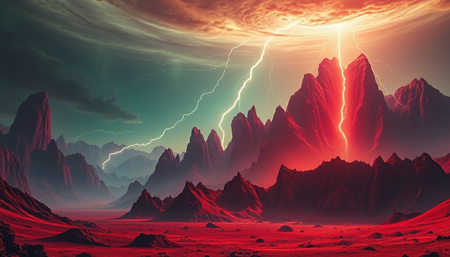 Dramatic alien landscape with lightning and fiery red terrain.