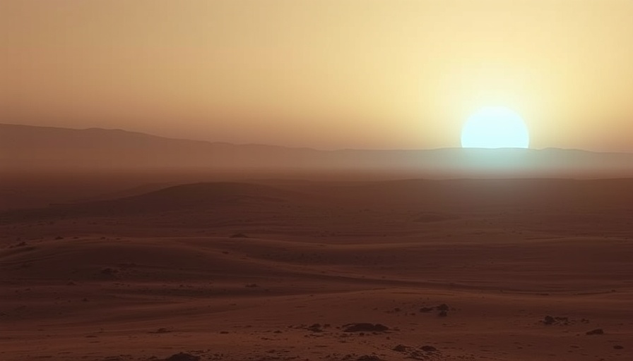 Ethereal Mars sunset with blue glow on Martian desert horizon.