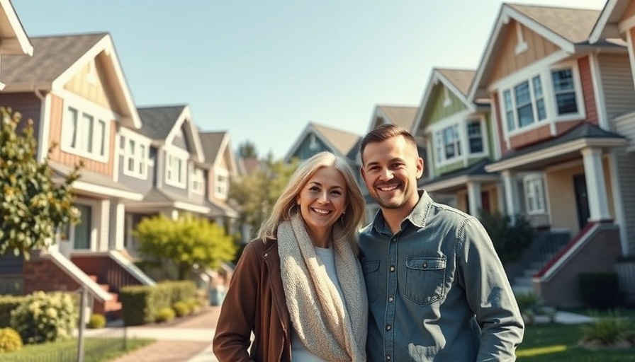 Couple smiling outside urban homes, depicting AI in urban planning.