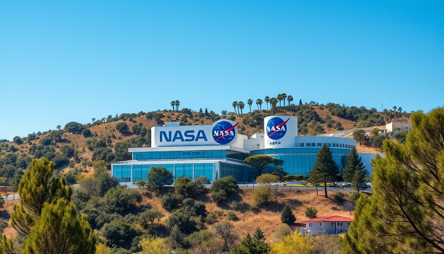 NASA buildings nestled in hilly landscape under clear sky.