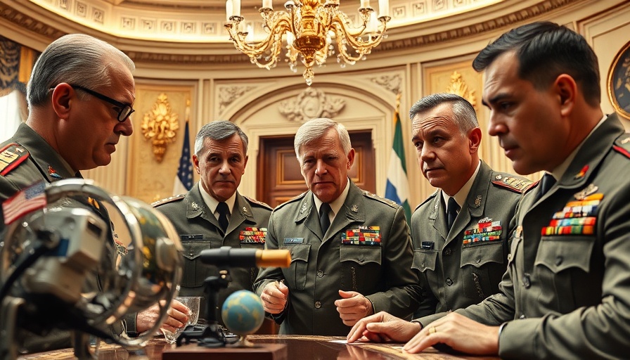 Military meeting on AI warfare in Space Superiority in an ornate office.