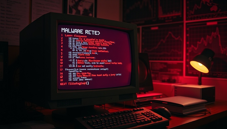 Old computer with malware code display, dim vintage setup.