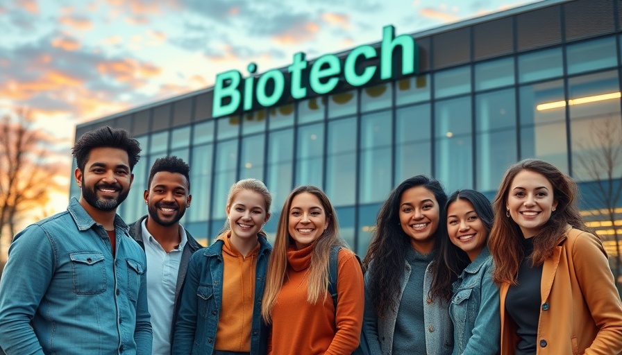 Diverse group outside biotech building, biotech education emphasis.