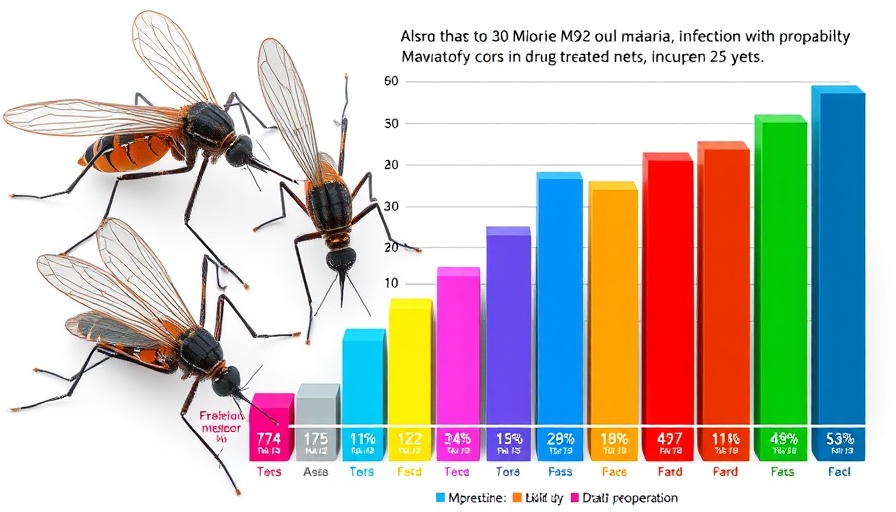 Graph and illustration of mosquitoes indicating drug-treated nets' impact on malaria