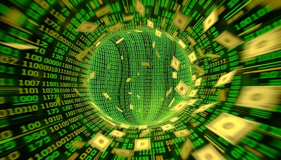 Binary code transforming into cash in a digital vortex, data privacy marketplace.