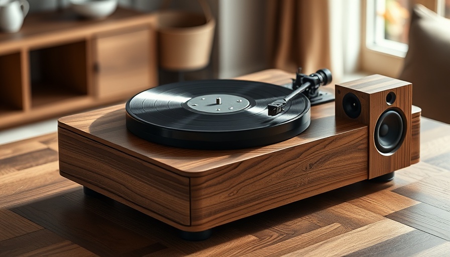 Affordable wooden vinyl record player with speakers on table