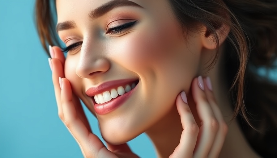 Smiling woman with clear skin touching face, soft blue background.