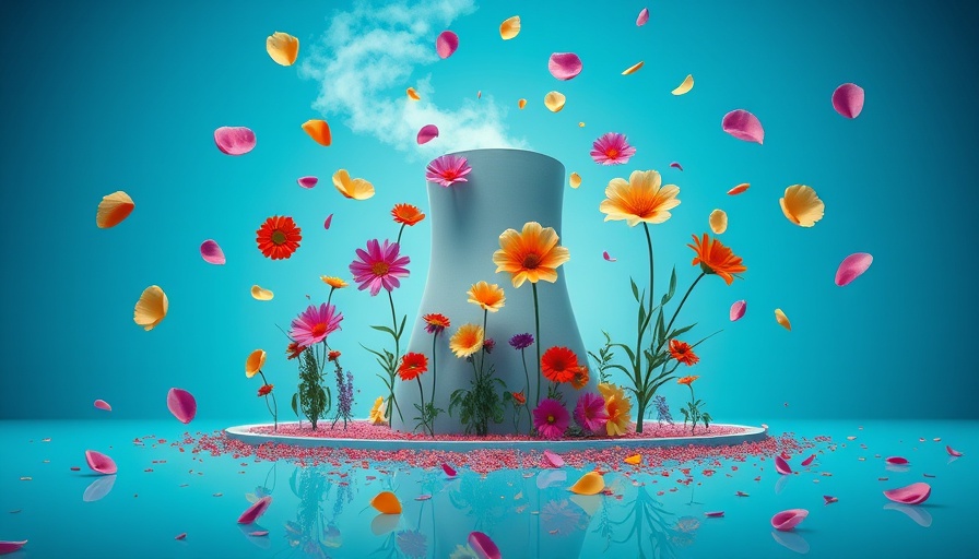 Futuristic nuclear plant with flowers, symbolizing renewed interest in nuclear energy.
