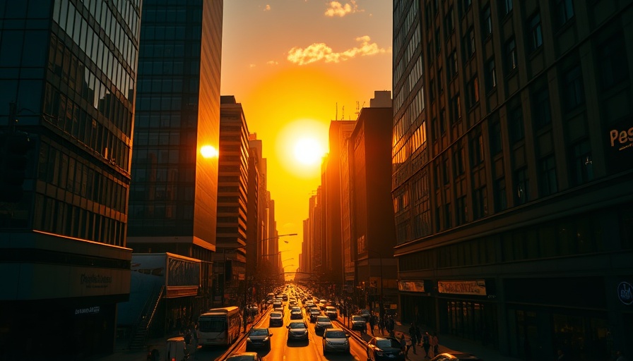 Manhattanhenge phenomenon with sun between skyscrapers at sunset.