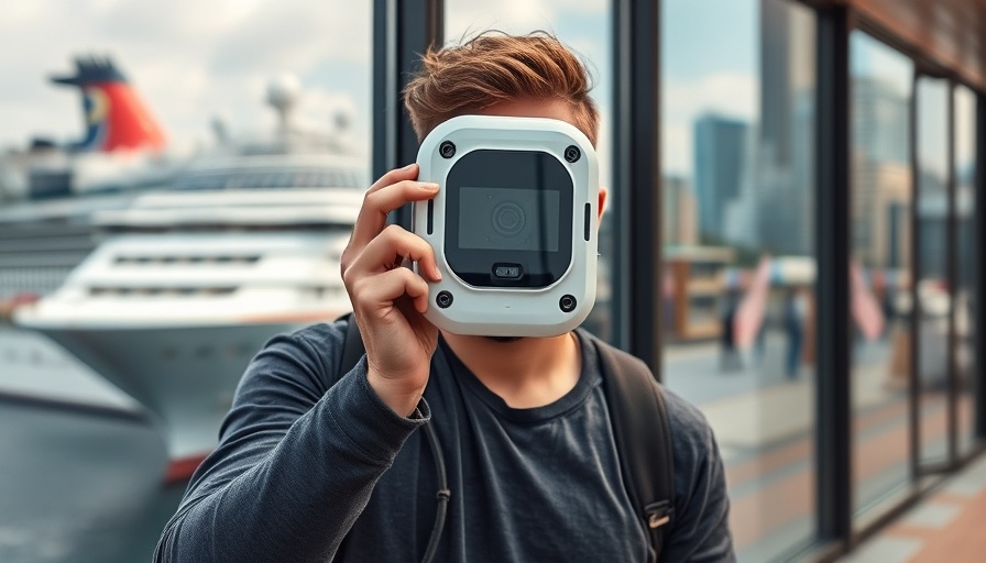 Person holds device near cruise ship background, AI speed record.