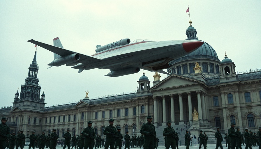 Futuristic nuclear armed spacecraft over historic architecture.