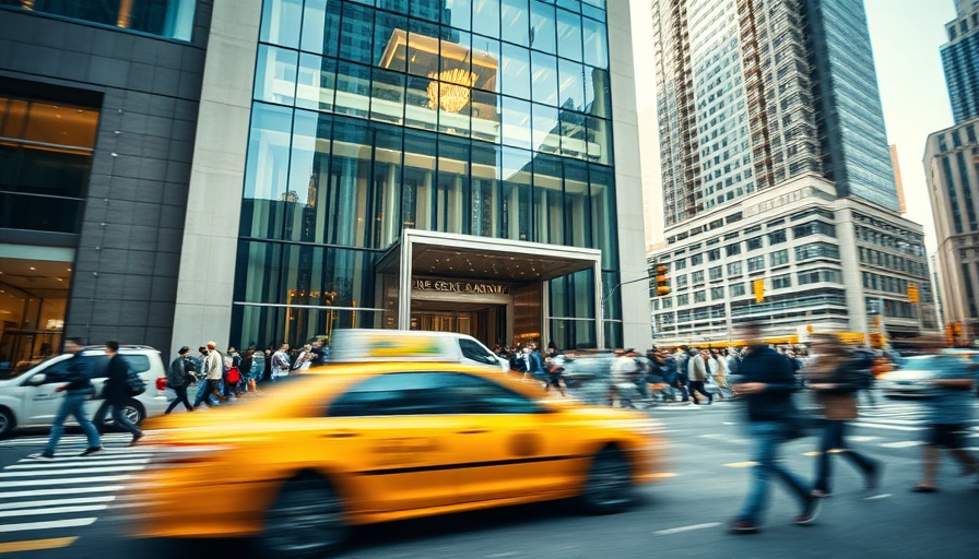 City street with motion blur taxi near a modern building entrance.