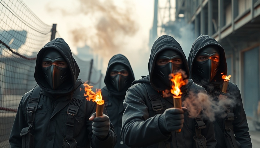 Masked individuals with flares in a smoky protest setting.