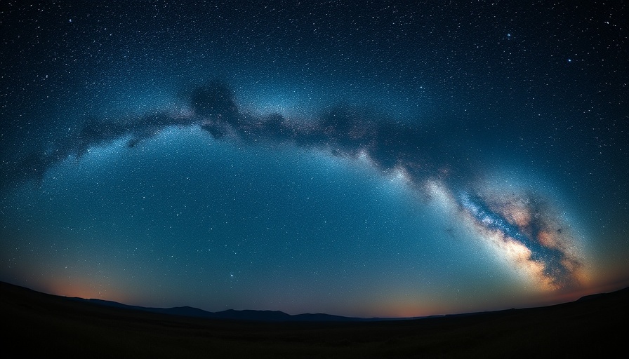 Starry night sky with Milky Way over landscape, satellite mega constellations.